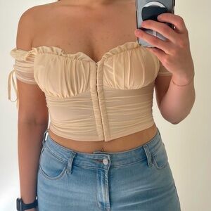 Beige Mesh Off-The-Shoulder Corset Top